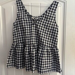 LOFT Navy and White Checkered Peplum Blouse